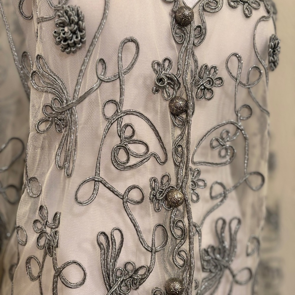 Fairycore Whimsigoth Silk Blend Mesh Cardigan Top Silver Floral Embroidered Sz L - Picture 5 of 5